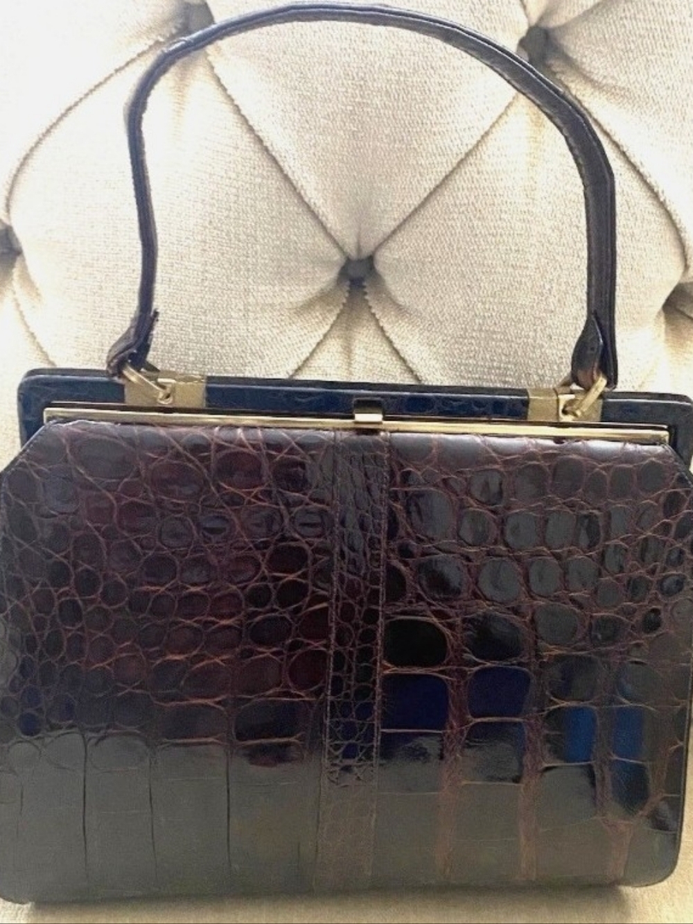 Vintage Croc-Embossed Leather Top-Handle Bag in Dark Brown